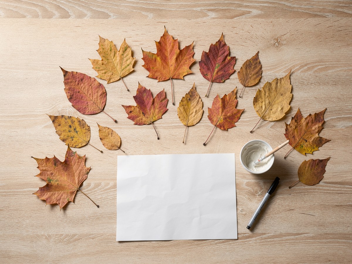 Flatlay auf hellem Holz: ein loser Fächer gepresster Herbstblätter in vielen Formen und Farben, ein Bogen weißes Papier, eine Schale mit Bastelleim und Pinsel, ein schwarzer Filzstift