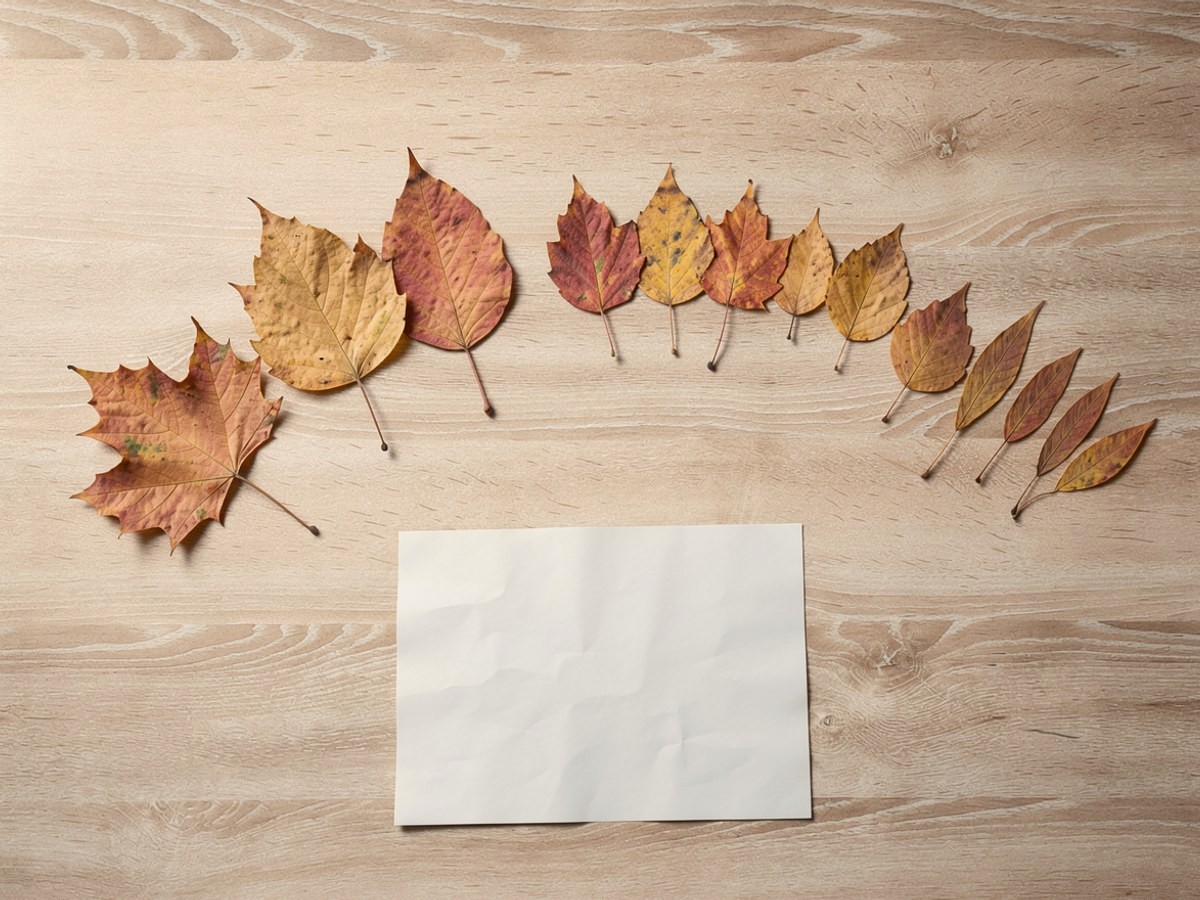 Gepresste Herbstblätter liegen auf hellem Holz in drei Gruppen sortiert, nach großen runden, kleineren spitzen und schmalen Blättern, daneben ein Bogen weißes Papier