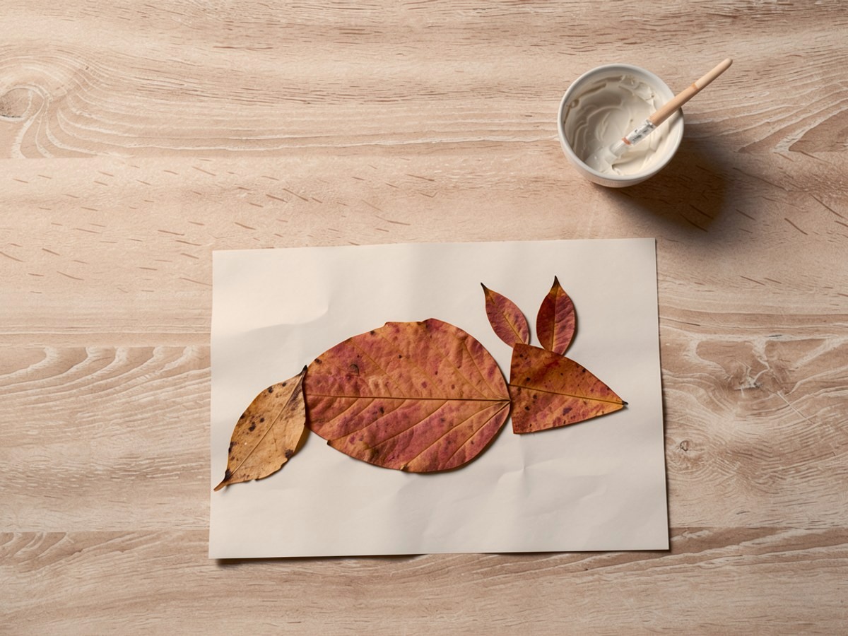 Auf einem Bogen weißes Papier liegt ein Fuchs lose aus Herbstblättern zusammengelegt, ein großes orangerotes Blatt als Körper, ein spitzes als Schnauze, zwei schmale als Ohren, noch ohne Leim oder gemalte Details