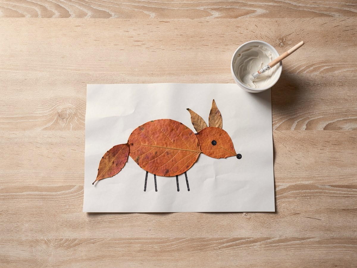 Auf einem Bogen weißes Papier liegt ein fertig aufgeklebter Fuchs aus Herbstblättern, mit einem schwarzen gemalten Auge, vier dünnen Beinen und einer kleinen Nase, direkt auf das Papier gezeichnet