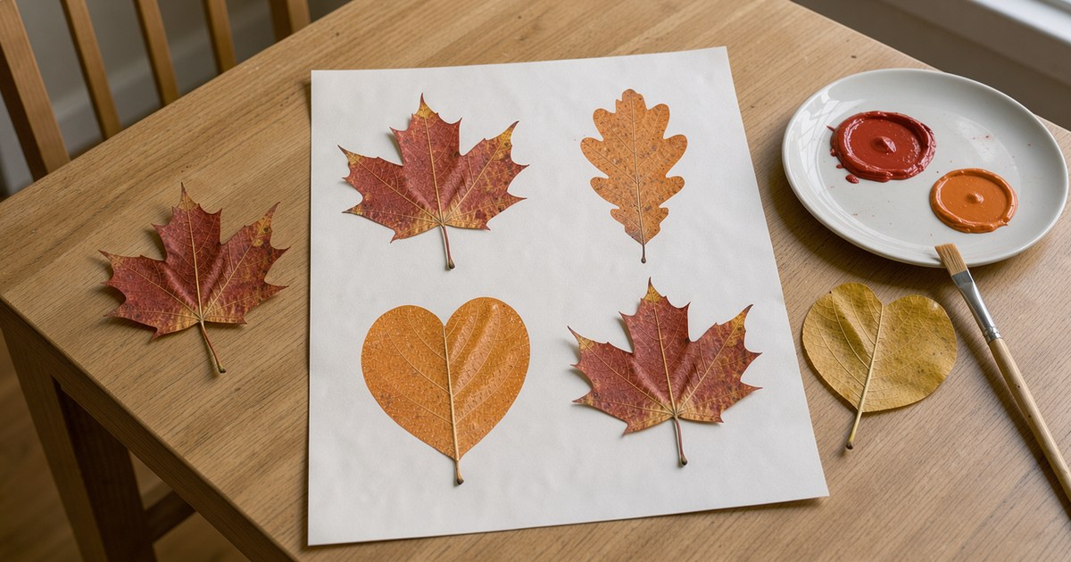 Ein Bogen weißes Papier auf hellem Holz mit Blattabdrücken in Rot und Orange, in denen die Adern als feine helle Linien zu sehen sind; auf und neben dem Bogen liegen frische Herbstblätter, vorn ein Teller mit roter und oranger Farbe und ein Pinsel