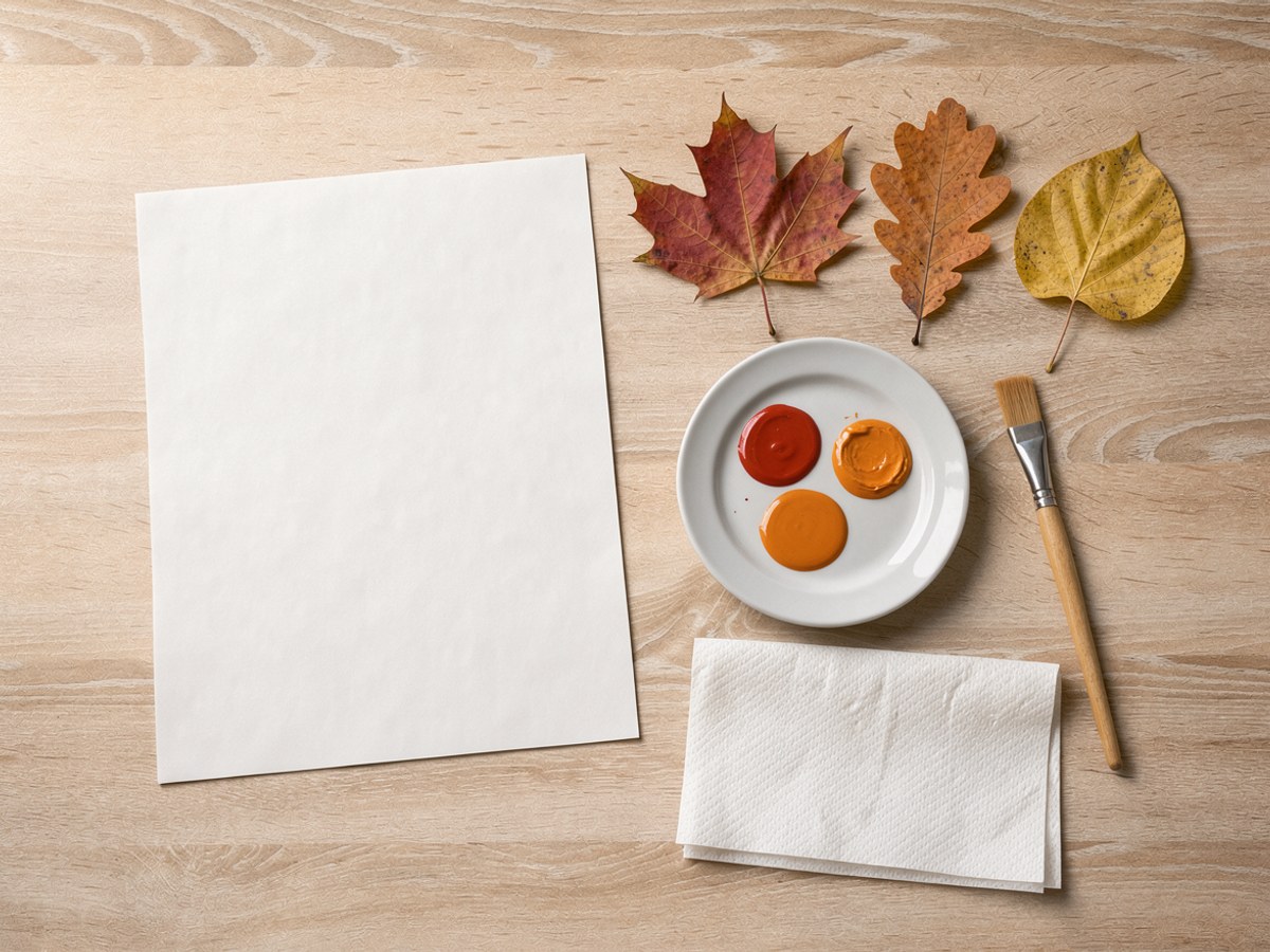 Flatlay auf hellem Holz: ein leerer Bogen weißes Papier, drei Herbstblätter in Rot, Braun und Gelb, ein weißer Teller mit einem roten und einem orangen Farbklecks, ein Borstenpinsel und ein gefaltetes Küchenpapier
