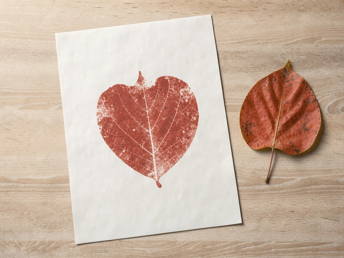 Auf einem Bogen weißem Papier steht ein einzelner herzförmiger Blattabdruck in Rot und Orange, darin die Adern als feine weiße Linien; daneben liegen Herbstblätter auf dem Holz
