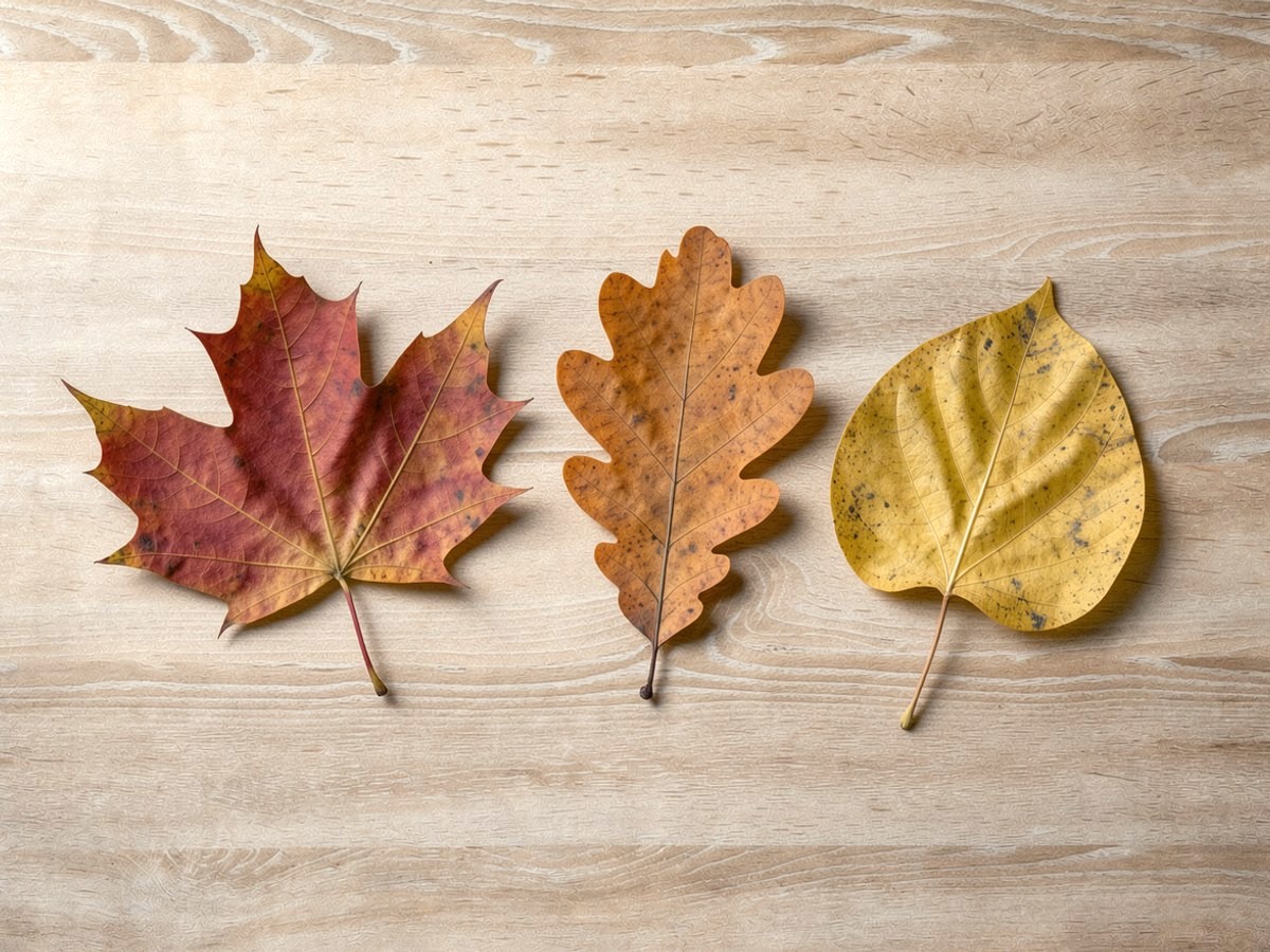 Drei frisch gesammelte Herbstblätter liegen flach auf dem Holz: ein rotes Ahornblatt, ein orangebraunes Eichenblatt und ein gelbes herzförmiges Lindenblatt.