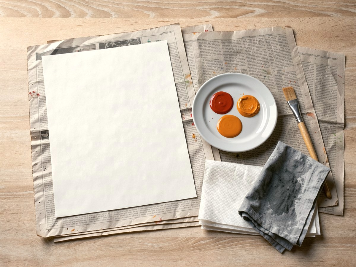 Auf einer ausgebreiteten alten Zeitung liegt der weiße Papierbogen, daneben der Teller mit einem roten und einem orangen Farbklecks, Küchenpapier und ein feuchter Lappen.