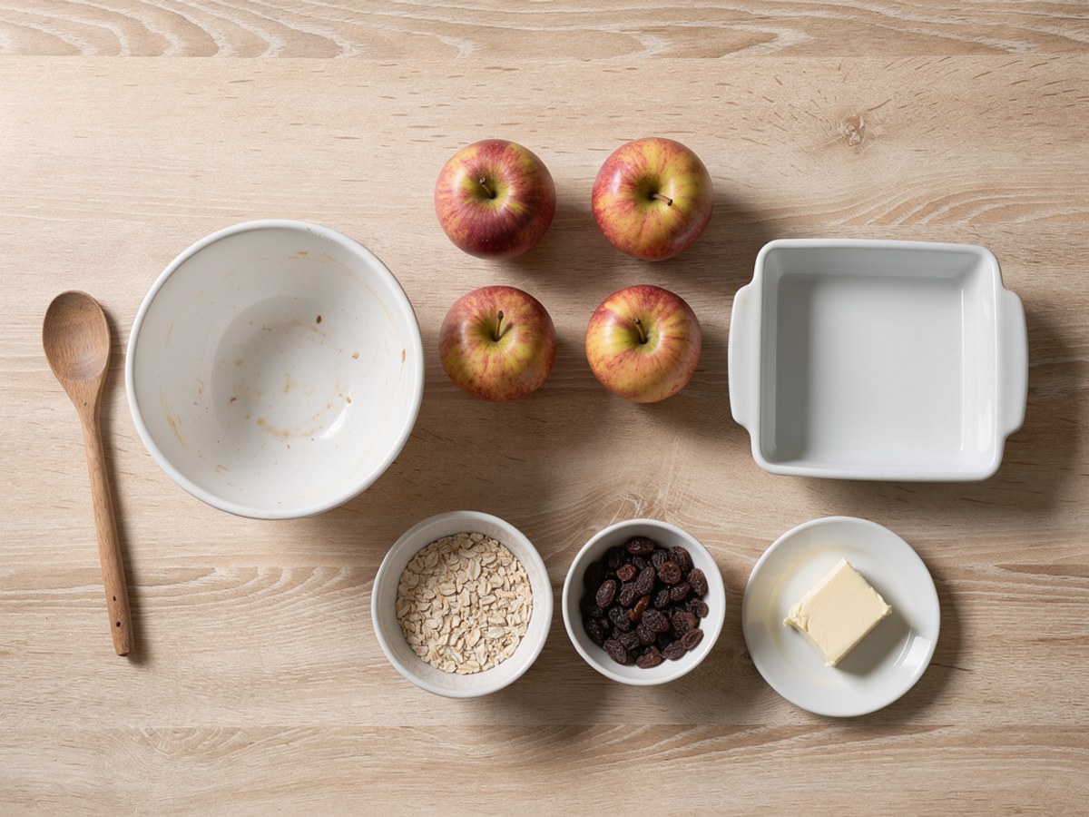 Flatlay auf hellem Holz: vier ganze rot-gelbe Äpfel in zwei Reihen zu zwei, daneben eine leere quadratische weiße Auflaufform, eine leere weiße Rührschüssel mit Holzlöffel, ein Schälchen Haferflocken, ein Schälchen Rosinen und ein Stück Butter auf einer Untertasse
