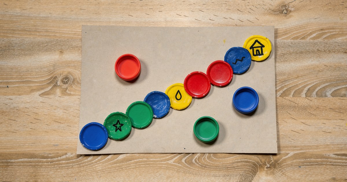 Ein selbst bemaltes Spielbrett aus Pappe liegt schräg auf hellem Holz: ein geschwungener Weg aus bunten runden Feldern führt von einer gemalten Flagge zu einem gemalten Haus, mehrere Felder tragen ein kleines Symbol wie Stern, Tropfen oder Zickzack-Linie, am Rand ist zusätzlich eine kleine Rutsche gemalt, daneben liegen drei bunte Flaschendeckel als Spielfiguren