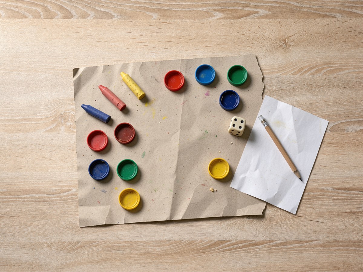 Von oben auf hellem Holz: ein leerer, unbemalter Kartondeckel, daneben fünf kurze Wachsmalstiftblöcke ohne Papierhülle, fünf bunte Flaschendeckel, ein gewöhnlicher Spielwürfel sowie ein Blatt Papier mit einem Bleistift