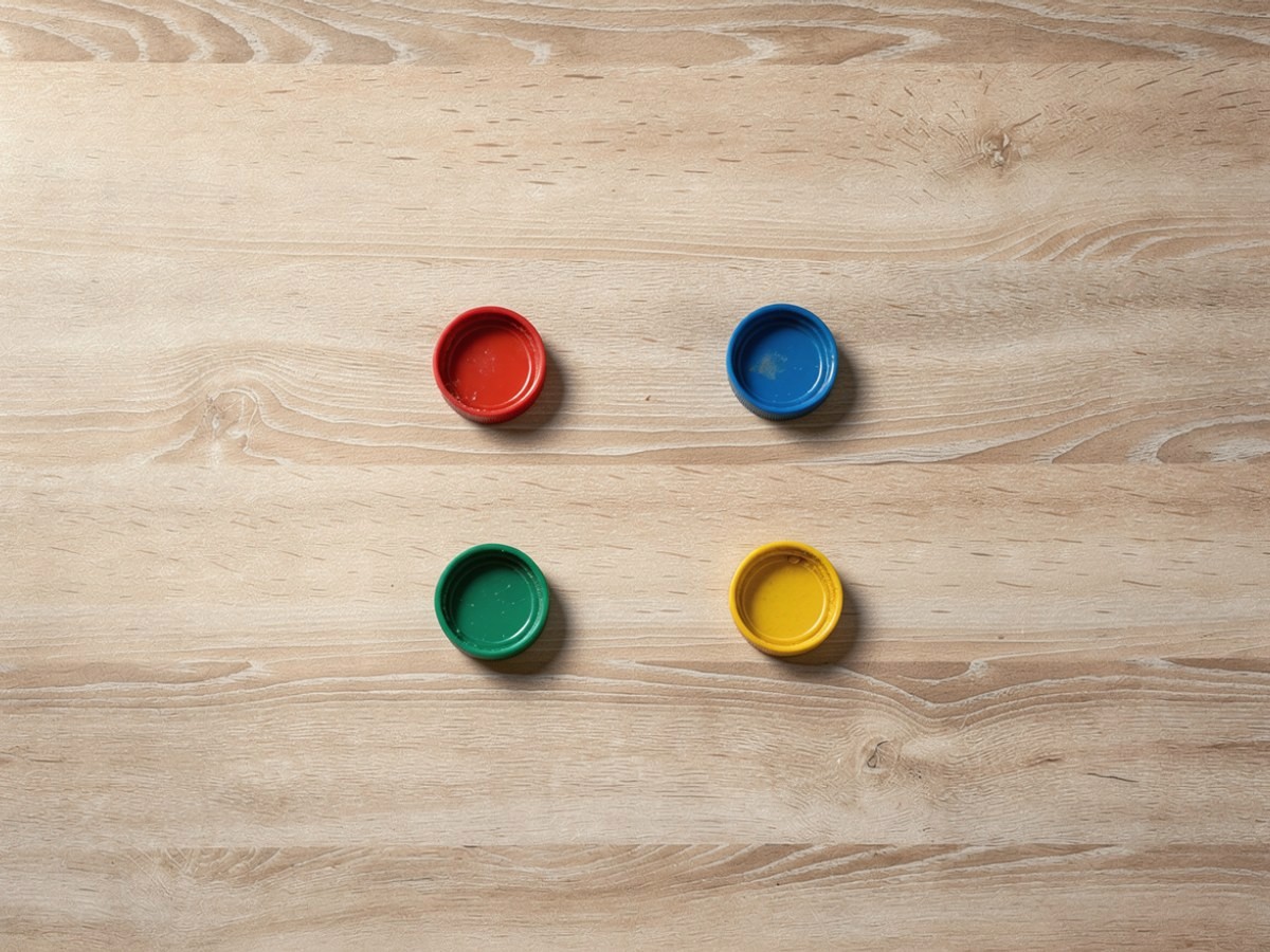 Aufnahme von oben auf hellem Holz: vier bunte Flaschendeckel in Rot, Blau, Grün und Gelb liegen einzeln verteilt als Spielfiguren, sonst ist nichts auf dem Tisch