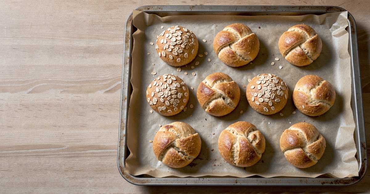 Mehrere goldbraun gebackene Brötchen in verschiedenen Formen liegen auf Backpapier auf einem hellen Holztisch, manche mit Haferflocken bestreut