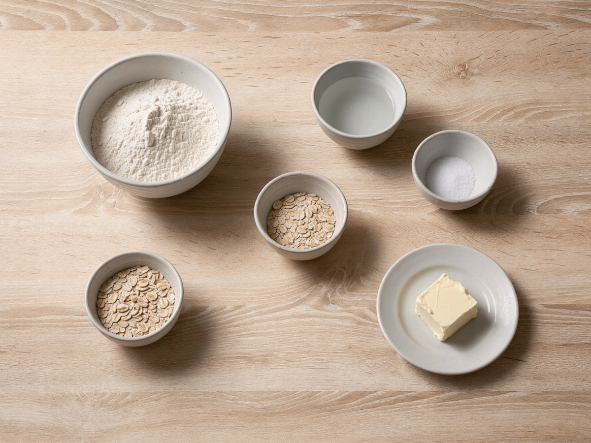 Flatlay auf hellem Holz: eine Schüssel Mehl, ein kleines Schälchen Wasser, ein Schälchen Salz, zwei Schälchen Haferflocken und ein Stück Butter auf einem Teller
