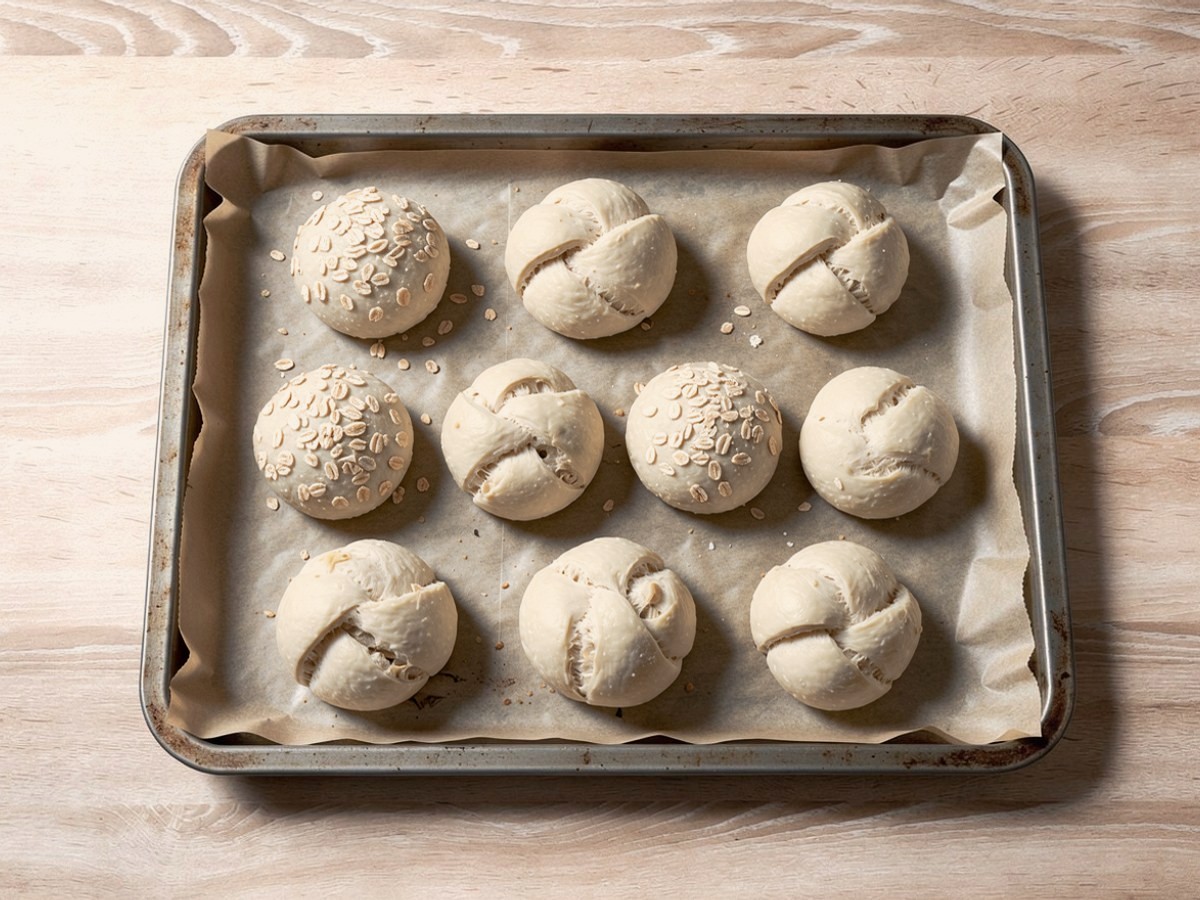 Mehrere roh geformte helle Teigbrötchen in Kugel- und Knotenform liegen mit Abstand auf Backpapier im Blech, manche mit Haferflocken bestreut