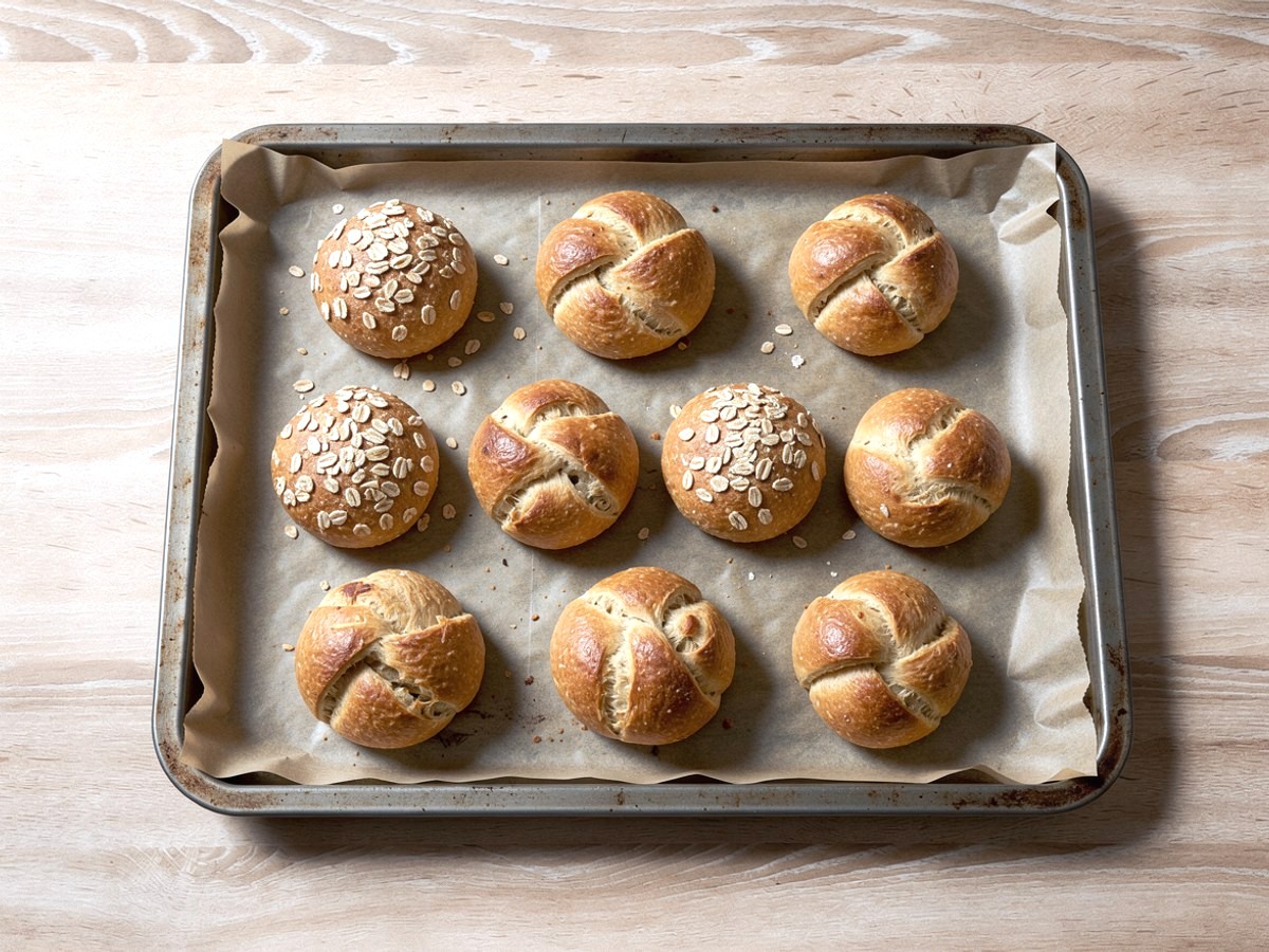 Dieselben Brötchen, jetzt goldbraun gebacken, liegen auf Backpapier im Blech