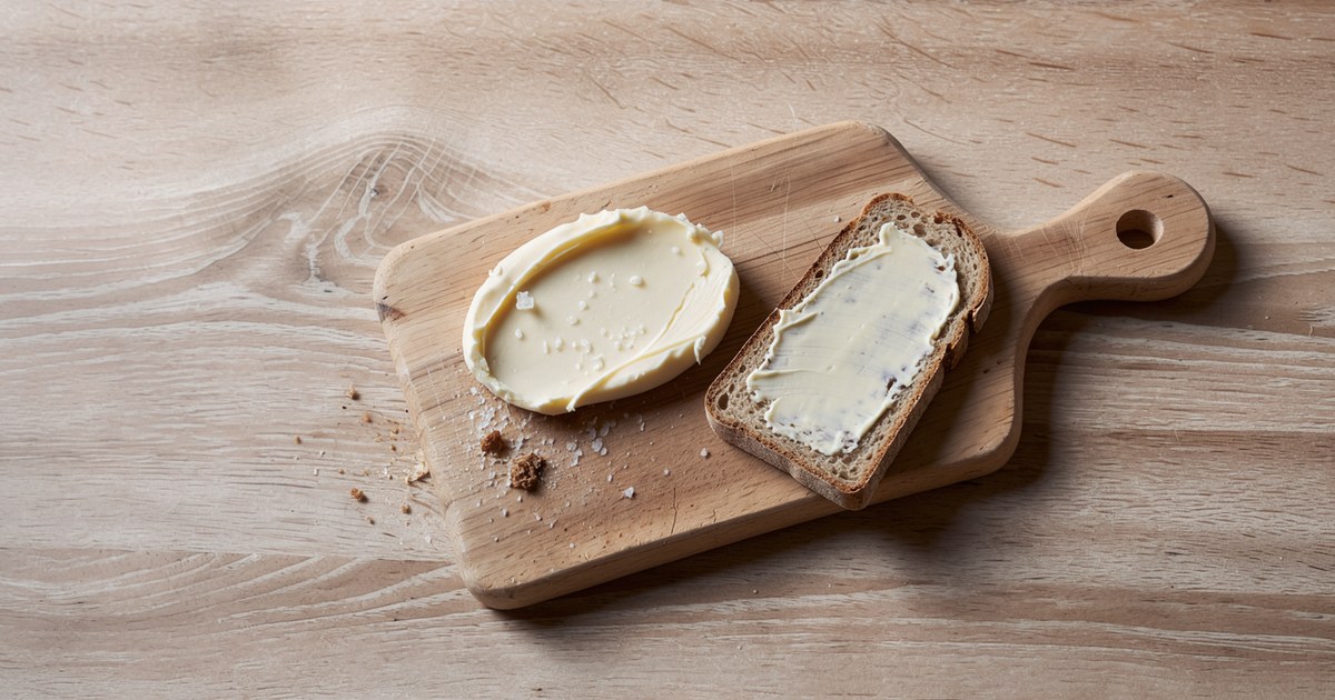 Von oben auf hellem Holz: ein Holzbrett mit einem weichen, hellgelben Stück selbstgemachter Butter, auf dem ein paar Salzkörner liegen, daneben eine Scheibe Brot, dick mit derselben Butter bestrichen