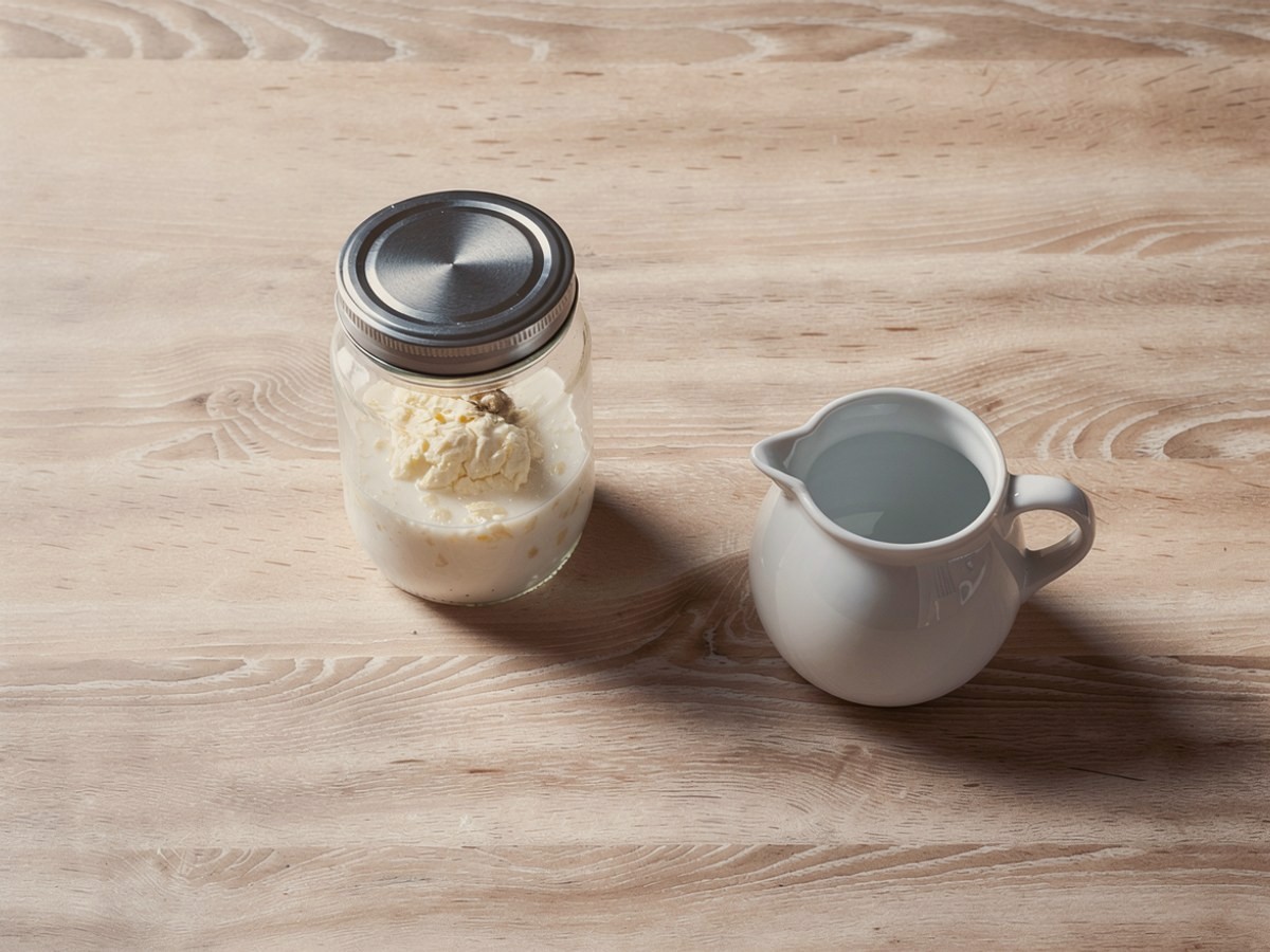 Im zugeschraubten Glas schwimmt ein blassgelber Butterklumpen mit ein paar Krümeln in dünner, bläulich-weißer Buttermilch