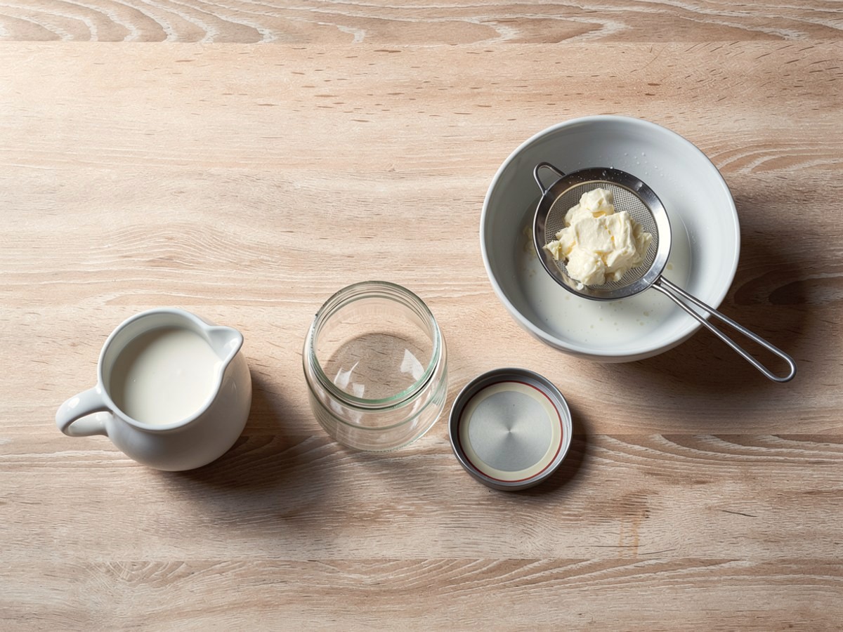 Das Metallsieb liegt über der weißen Schüssel, darin der blassgelbe Butterklumpen, unten in der Schüssel die dünne Buttermilch; daneben das leere, offene Glas mit seinem Deckel und das Kännchen voll Buttermilch