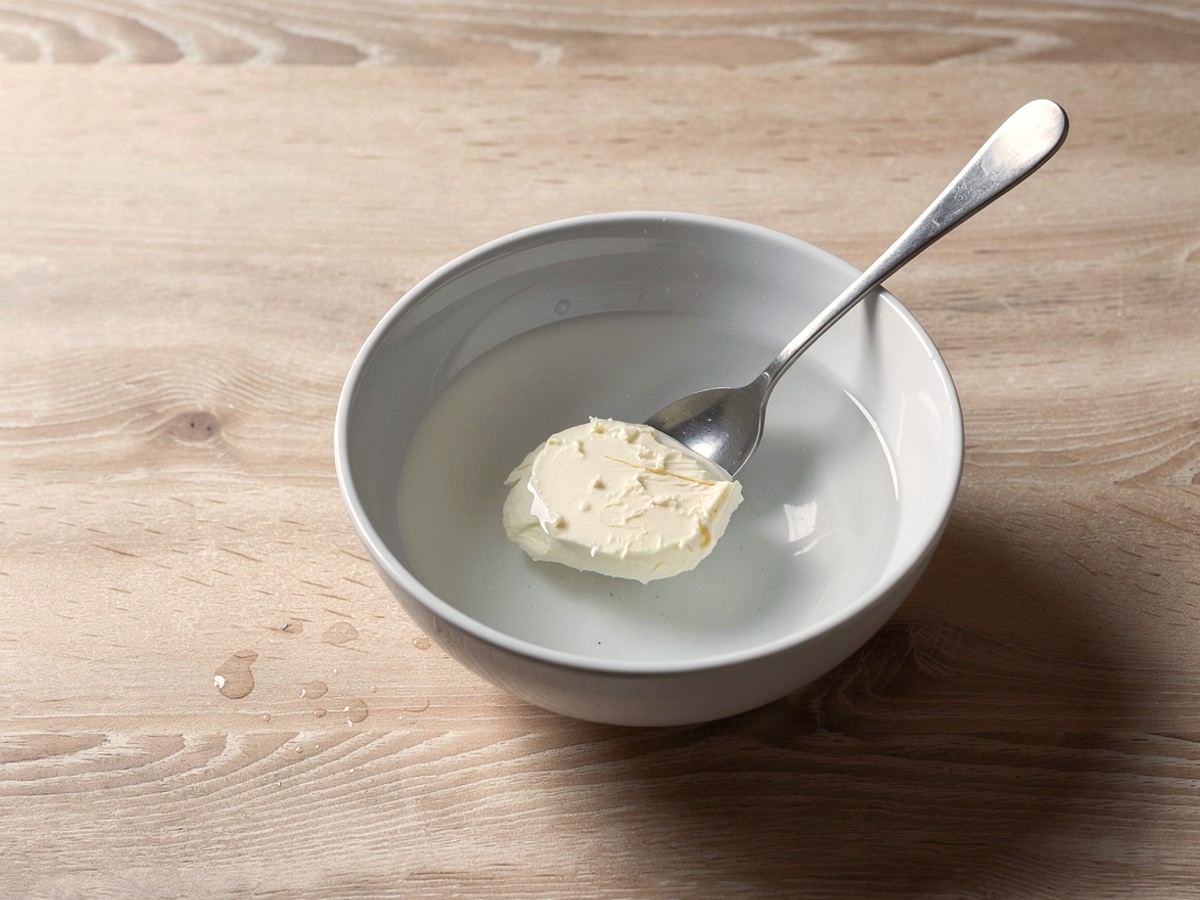 In der weißen Schüssel liegt der blassgelbe Butterklumpen in klarem, kaltem Wasser, der Teelöffel lehnt am Rand