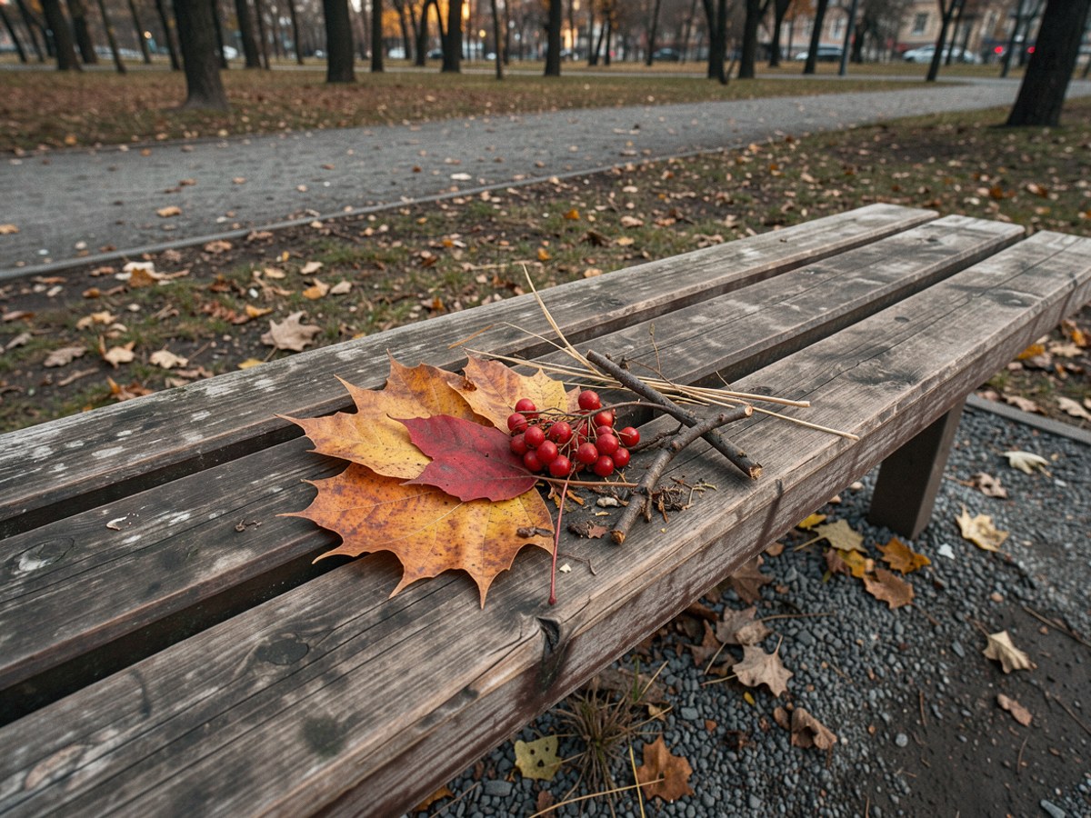 Auf der Sitzfläche einer verwitterten Parkbank liegt ein kleines Häufchen gesammelter Naturschätze: bunte Herbstblätter, rote Beeren, zwei Zweiglein und ein paar Grashalme