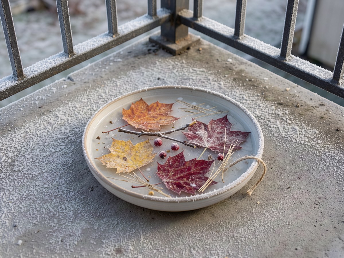 Am frostigen Morgen steht die flache Schale auf dem Balkonboden, das Wasser darin ist zu einer milchig-klaren Eisschicht gefroren, Blätter und Beeren stecken im Eis, am Rand Raureif