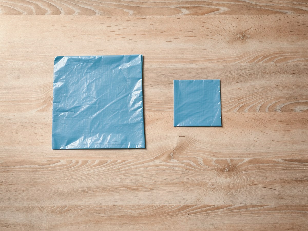 Zwei Quadrate aus blauer Folie liegen flach auf dem Holz, ein großes und ein kleines, halb so breit wie das große.