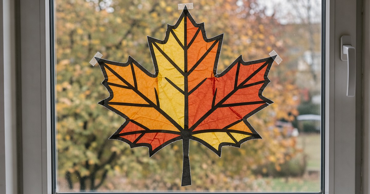 Ein Ahornblatt aus schwarzem Karton hängt an einer Fensterscheibe, seine Felder aus gelbem, orangem und rotem Transparentpapier leuchten im Tageslicht, dahinter unscharf ein herbstlicher Baum