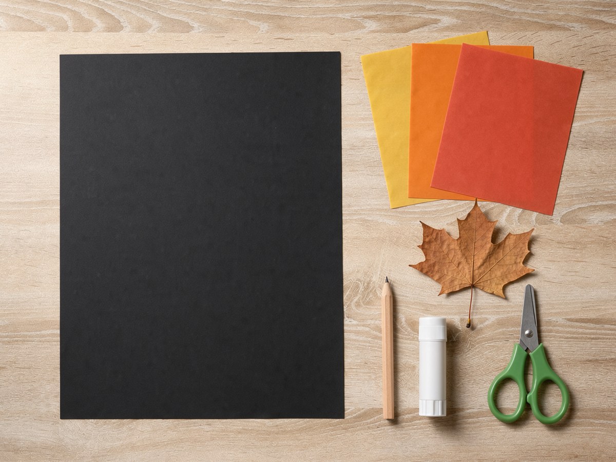 Flatlay auf hellem Holz: ein Bogen schwarzer Karton, drei Bögen Transparentpapier in Gelb, Orange und Rot, ein getrocknetes Ahornblatt, ein Bleistift, ein weißer Klebestift und eine Kinderschere mit grünen Griffen