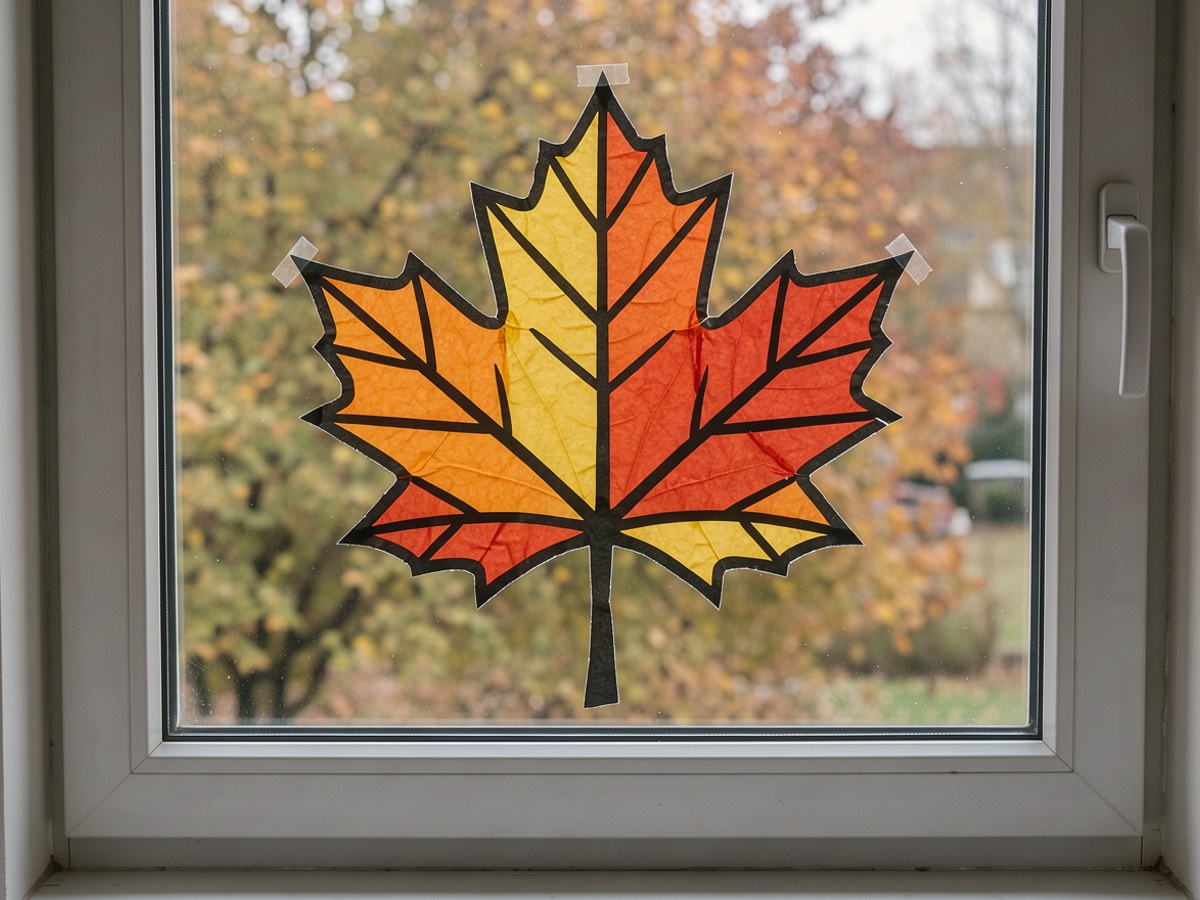 Das fertige Ahornblatt aus schwarzem Karton klebt an einer Fensterscheibe, seine gelben, orangen und roten Felder leuchten im Tageslicht, unten auf der weißen Fensterbank steht eine Tasse