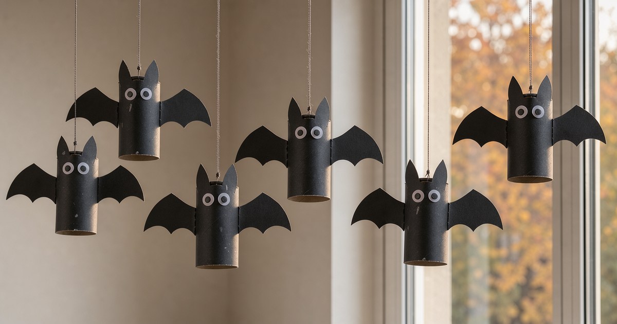 Vier schwarze Fledermäuse aus Papprollen mit ausgebreiteten Flügeln hängen an dünnen Fäden vor einem hellen Fenster und werfen Schatten an die Wand