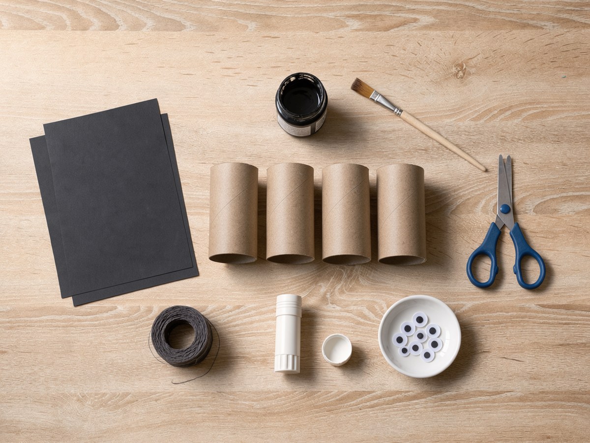 Flatlay auf hellem Holz: fünf leere Papprollen, ein Glas schwarze Farbe, ein Pinsel mit blankem Holzstiel, zwei Bögen schwarzes Tonpapier, eine Kinderschere, ein Klebestift, ein Schälchen mit Wackelaugen und eine Rolle dünner Faden