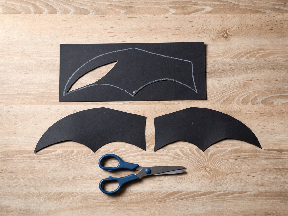 Auf hellem Holz liegt ein schwarzer Tonpapierbogen mit aufgemalter Flügelform, darunter ein fertig ausgeschnittenes Flügelpaar mit gezackter Unterkante und eine Kinderschere mit der Spitze vom Papier weg