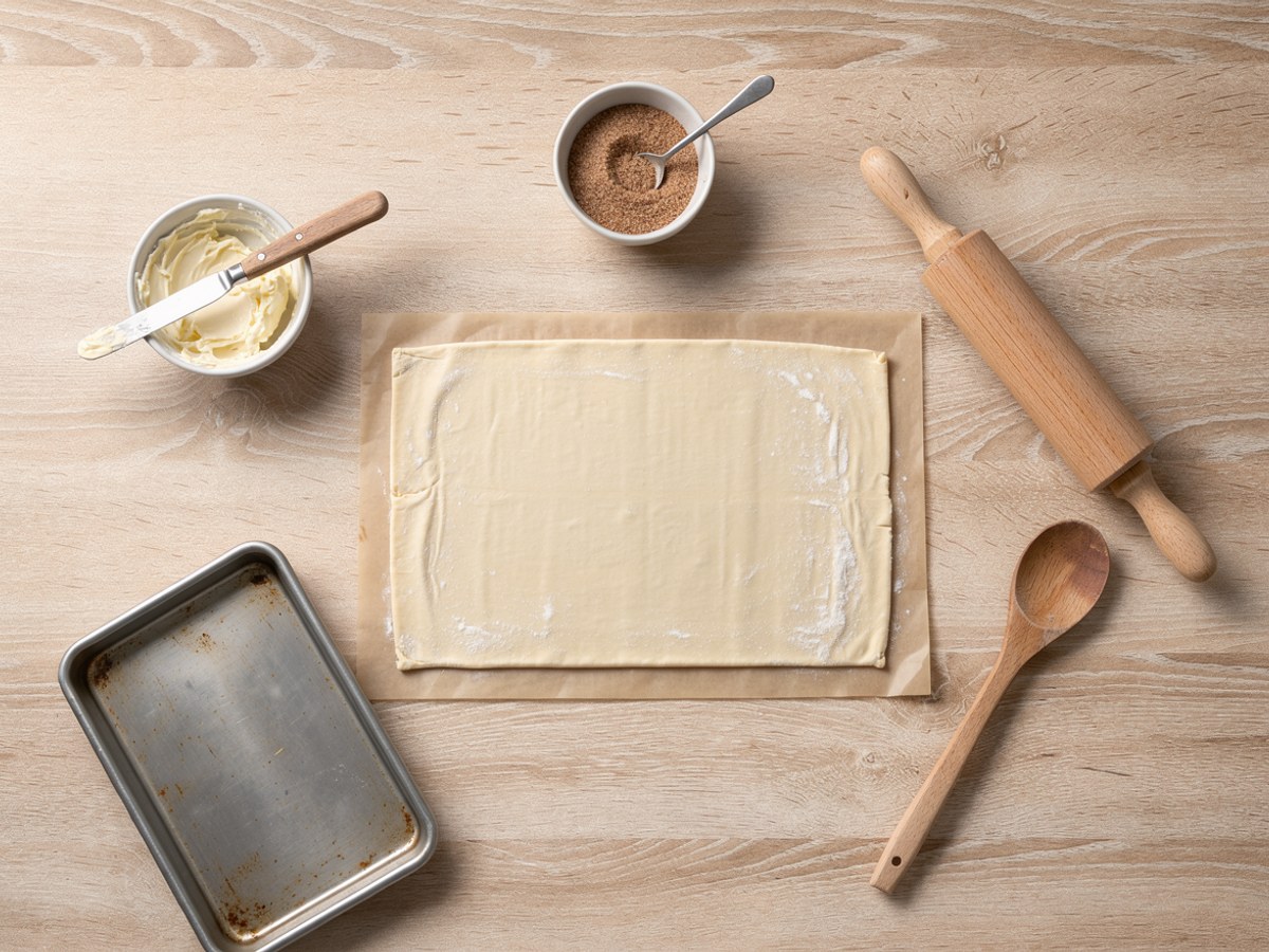 Backmaterial von oben: ausgerollter Blätterteig auf Backpapier, Schale mit Zimtzucker, Schale mit weicher Butter und Messer, Nudelholz, Kochlöffel und ein leeres Backblech