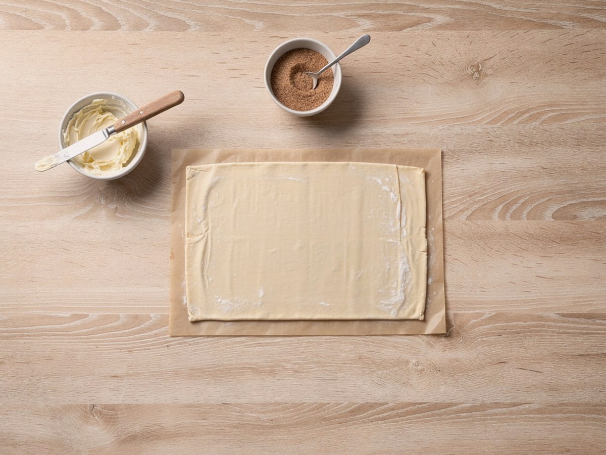 Die ausgerollte Blätterteigplatte liegt auf dem Backpapier und ist gleichmäßig mit weicher Butter bestrichen, rundherum bleibt ein schmaler Rand frei