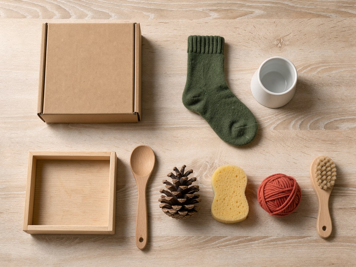 Material von oben auf hellem Holz: ein geschlossener brauner Schuhkarton ohne Aufdruck, eine dunkelgrüne Stricksocke, eine weiße Tasse und ein Holztablett, auf dem in einer Reihe ein kleiner Holzlöffel, ein Tannenzapfen, ein gelber Schwamm, ein rotes Wollknäuel und eine Nagelbürste liegen