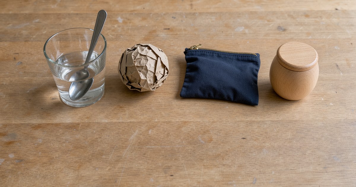 Schräg von oben auf einen hellen Holztisch: in einer Reihe stehen ein Wasserglas mit Teelöffel, eine Kugel aus zerknülltem braunem Papier, ein dunkelblaues Täschchen mit Reißverschluss und eine kleine Holzdose mit Deckel, die untere Bildhälfte ist leerer Tisch