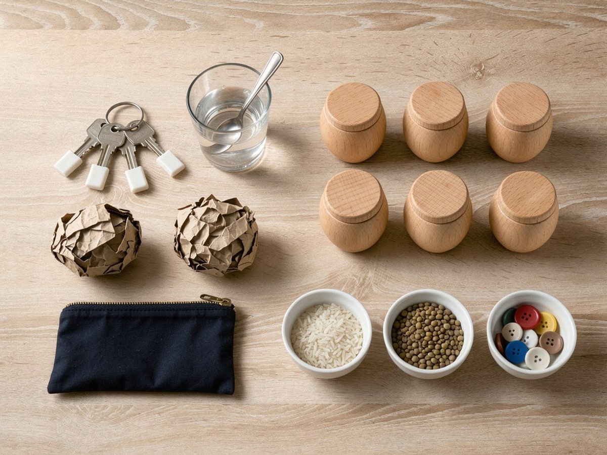 Von oben auf hellem Holz: ein Schlüsselbund mit drei Schlüsseln, ein Glas mit etwas Wasser und einem Teelöffel, eine Kugel aus braunem Papier und ein dunkelblaues Täschchen mit Reißverschluss liegen mit Abstand nebeneinander