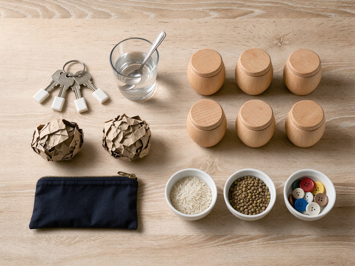 Von oben auf hellem Holz: links ein Schlüsselbund mit drei Schlüsseln, ein Glas mit etwas Wasser und einem Teelöffel, eine Kugel aus braunem Papier und ein dunkelblaues Täschchen mit Reißverschluss, rechts sechs geschlossene Holzdosen in zwei Reihen und davor drei weiße Schälchen mit Reis, Linsen und bunten Knöpfen