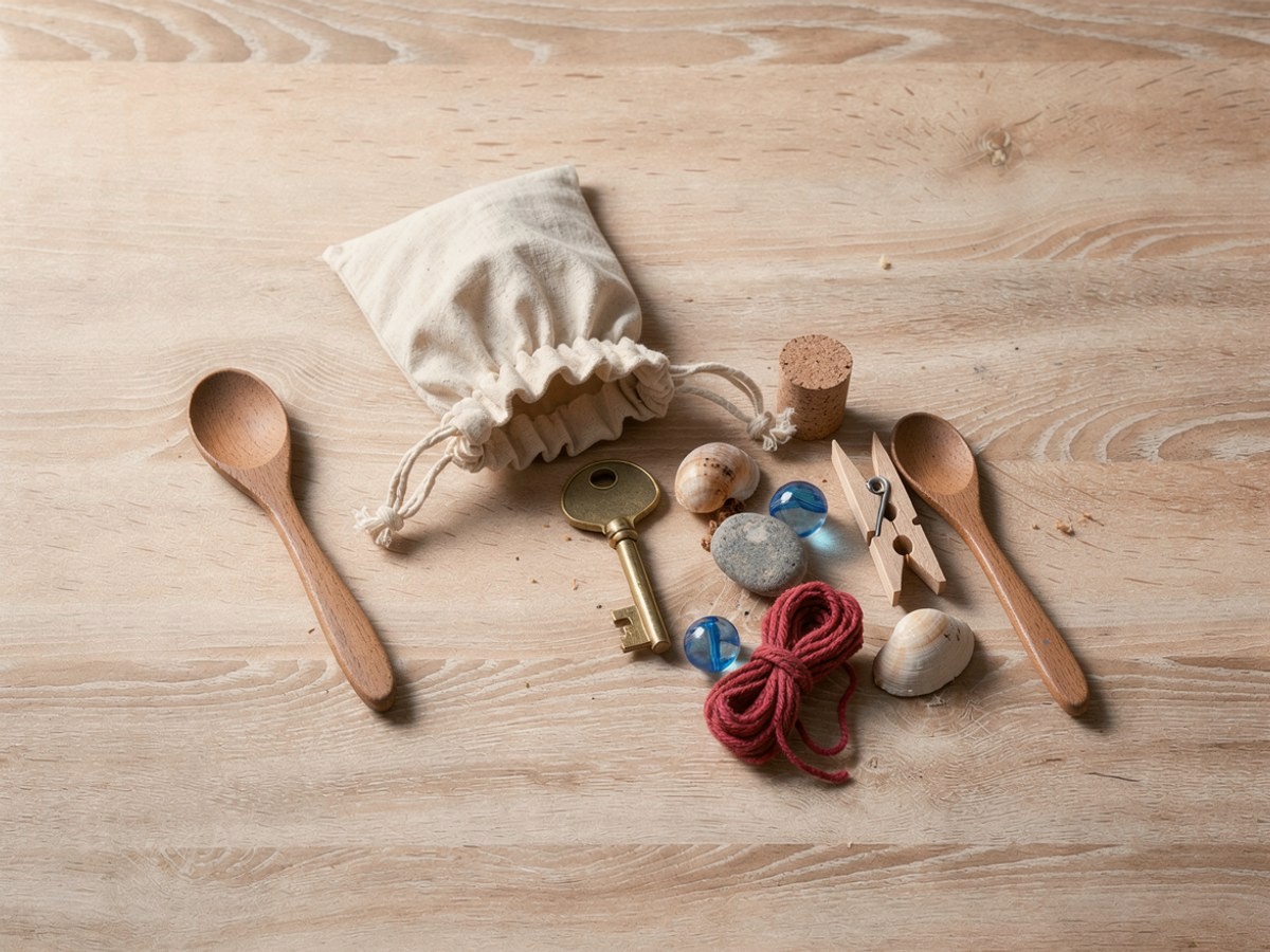 Von oben: der leere Stoffbeutel liegt flach auf dem Tisch, daneben ein lockerer Haufen eingesammelter Dinge – Schlüssel, Kieselstein, Murmel, Wäscheklammer, Wollfaden, Holzlöffel, Korken und Muschel