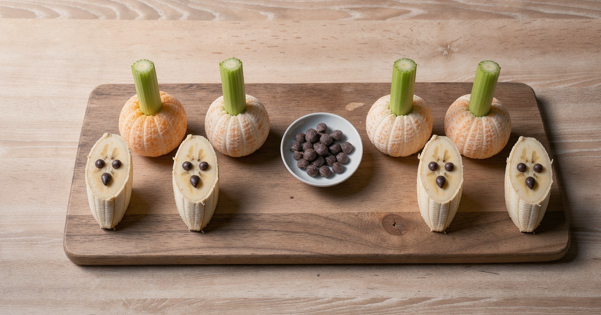 Ein Holzbrett mit geschälten Mandarinen, in denen kurze grüne Selleriestiele stecken, daneben aufrecht stehende Bananenhälften mit Gesichtern aus dunklen Schokodrops