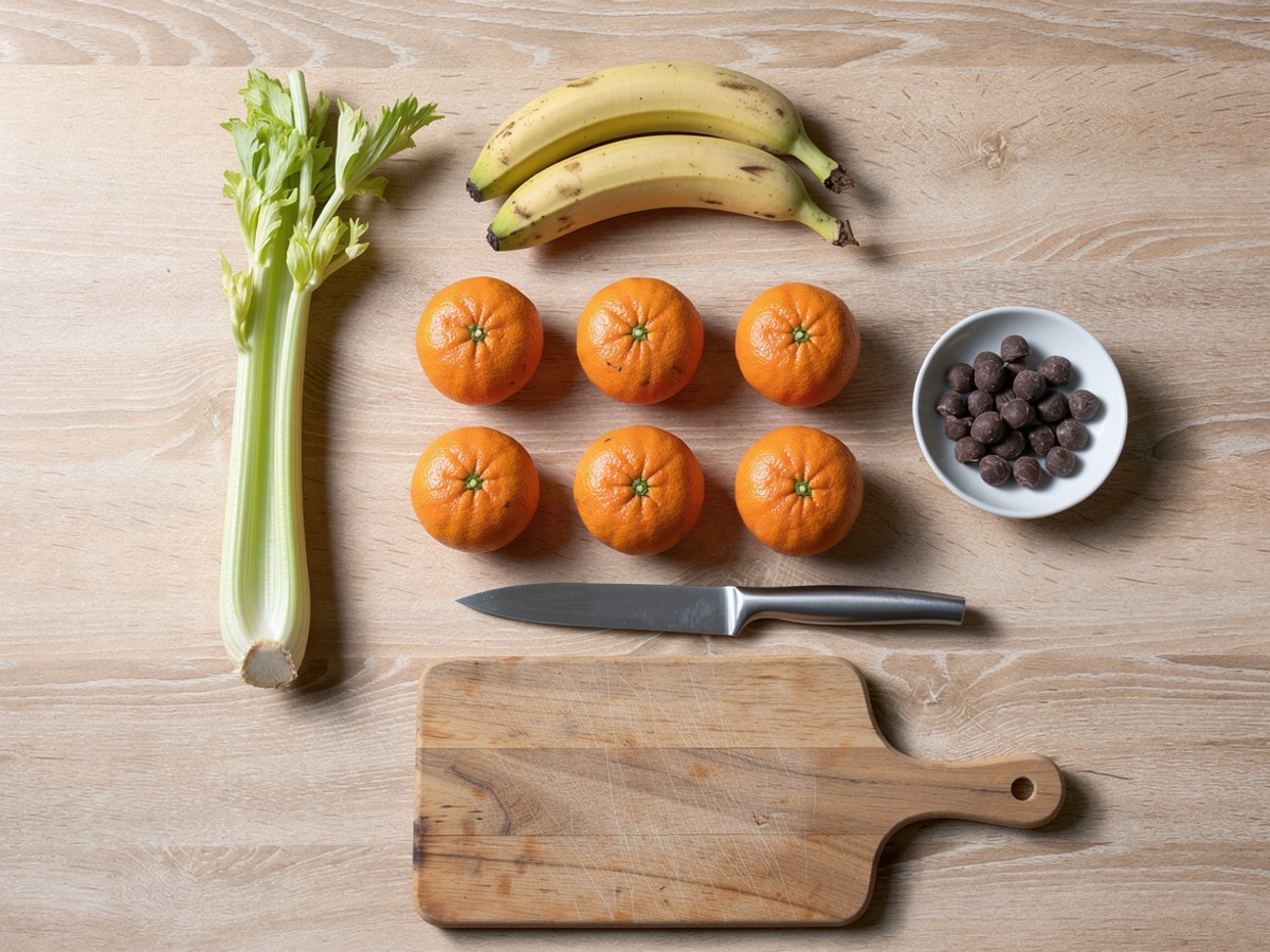 Flatlay auf hellem Holz: vier Mandarinen, zwei Bananen, eine Stange Staudensellerie, eine kleine weiße Schale mit dunklen Schokodrops, ein flach liegendes Messer und ein hölzernes Schneidebrett