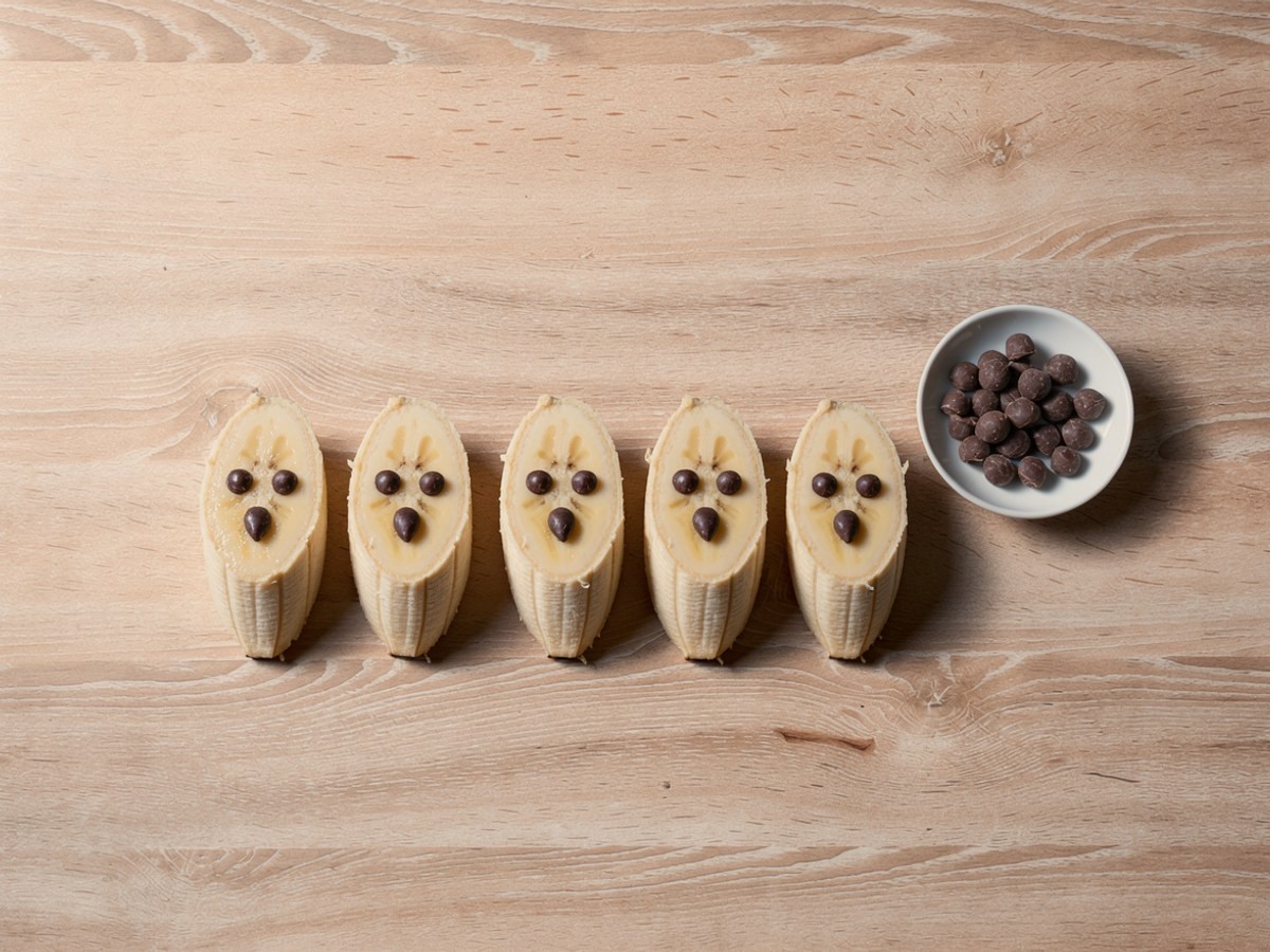 Vier Bananenhälften stehen aufrecht mit der Schnittfläche nach oben auf hellem Holz, in jede sind zwei dunkle Schokodrops als Augen und einer als Mund gedrückt