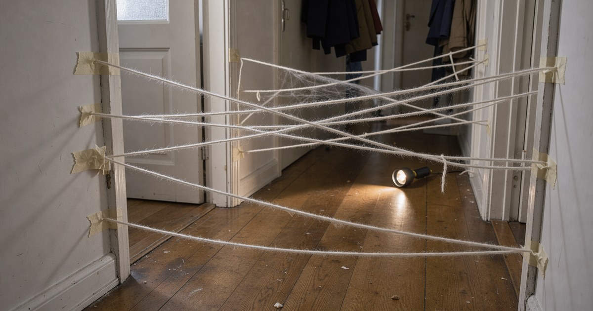 Ein schmaler Wohnungsflur ist kreuz und quer mit weißen Wollfäden bespannt, im Dämmerlicht liegt auf dem Boden der Lichtkegel einer Taschenlampe
