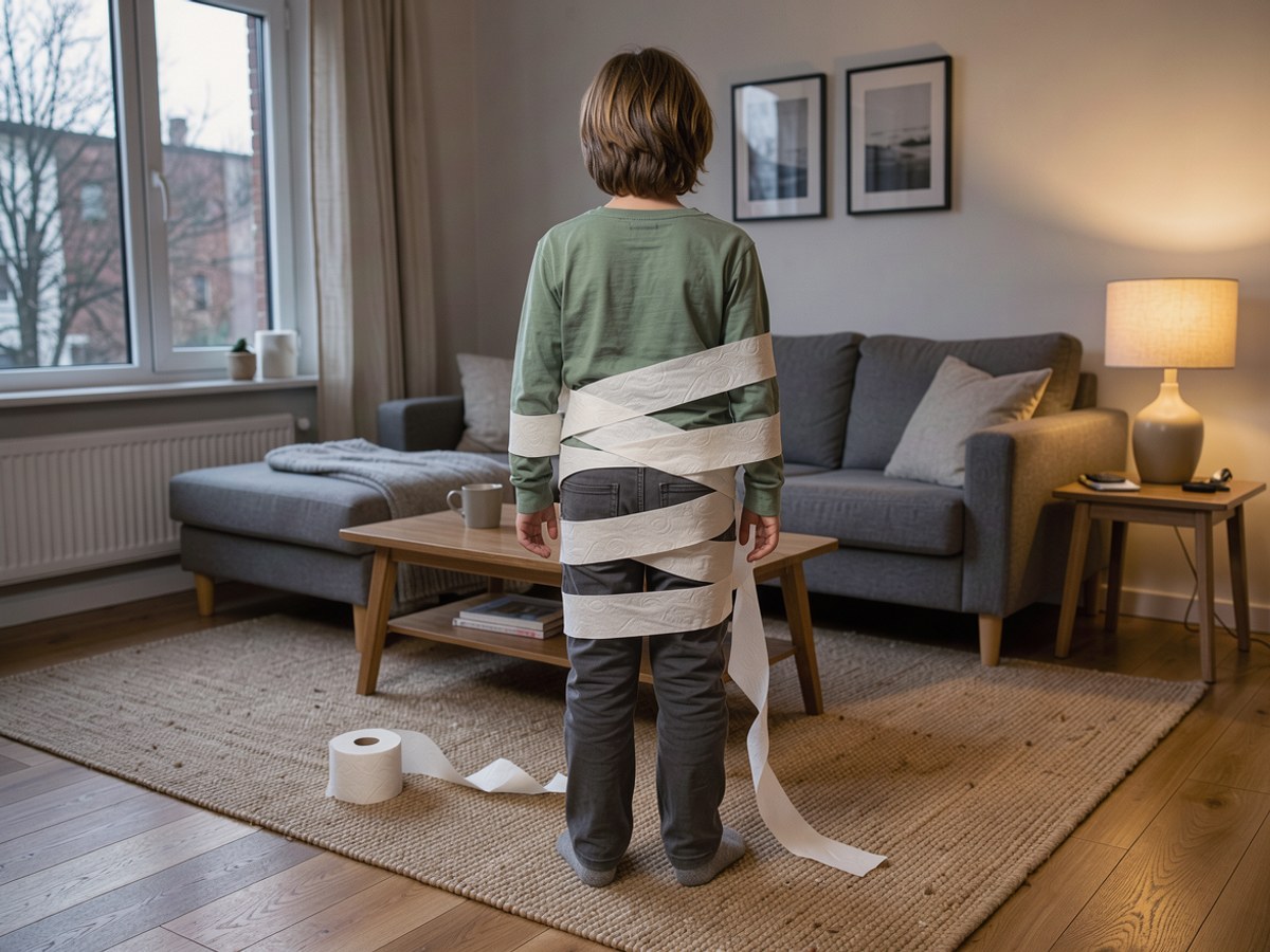Ein Kind steht von hinten gesehen im abendlichen Wohnzimmer, über Pullover und Hose locker mit weißem Toilettenpapier umwickelt, eine angebrochene Rolle liegt auf dem Teppich