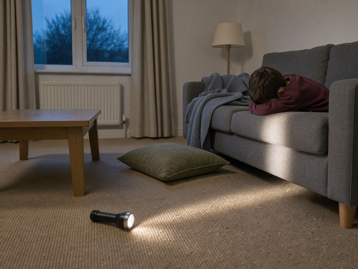 Abgedunkeltes Wohnzimmer: eine Taschenlampe liegt eingeschaltet auf dem Teppich und wirft einen hellen Lichtkegel auf die Sofalehne, dahinter schaut ein Kind über die Lehne