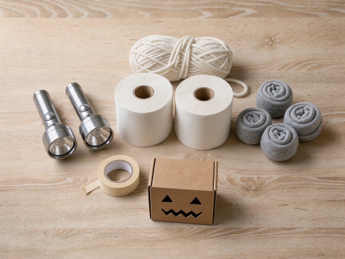 Flatlay auf hellem Holz: zwei Rollen Toilettenpapier, ein weißes Wollknäuel, zwei kleine Taschenlampen, drei zusammengerollte Sockenbälle, eine Rolle Kreppband und ein Pappkarton mit einem ausgeschnittenen Gesicht