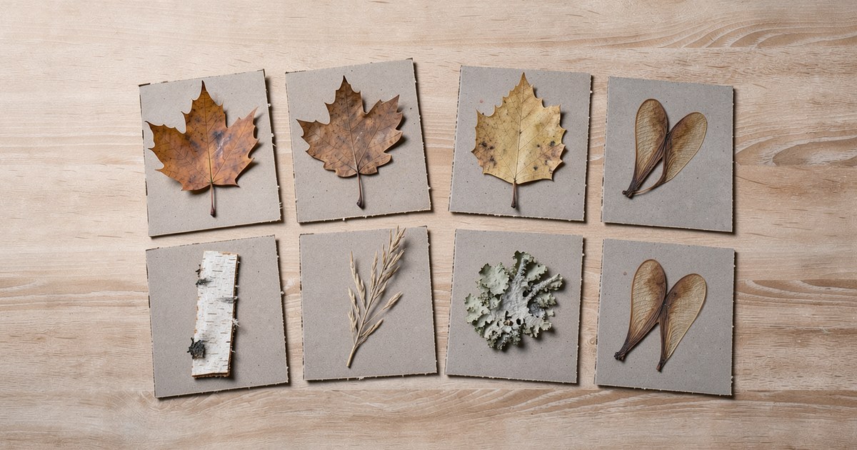 Acht quadratische Pappkärtchen liegen in zwei Reihen auf hellem Holz, auf jedem klebt ein flacher Herbstfund: Ahornblatt, Eichenblatt, Birkenblatt, Birkenrinde, Grashalm, Flechte und zwei Samenflügel