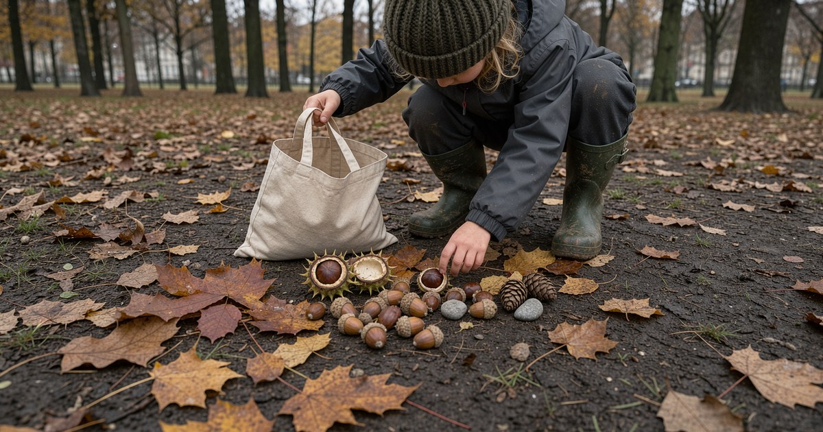 Ein Kind in Regenjacke und Gummistiefeln hockt von hinten gesehen im bunten Laub eines Hamburger Parks und greift mit einem Stoffbeutel in der Hand nach einer Kastanie