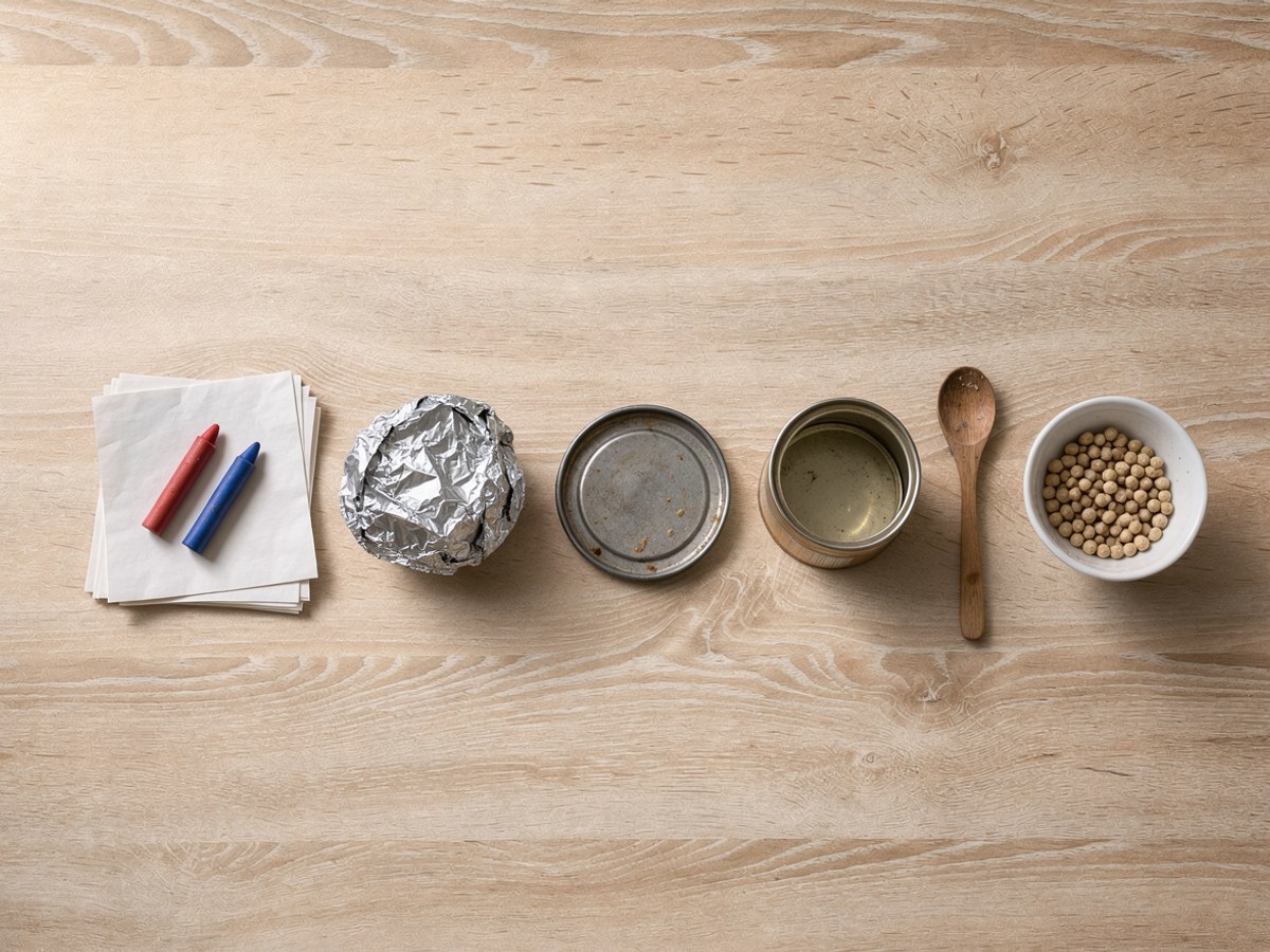 Von oben auf hellem Holz in einer Reihe: ein zerknüllter Ball Alufolie, ein kleiner Topfdeckel, eine unbeschriftete Dose, ein Holzlöffel und eine Schale mit Erbsen, am oberen Rand angeschnitten ein Stapel Papier