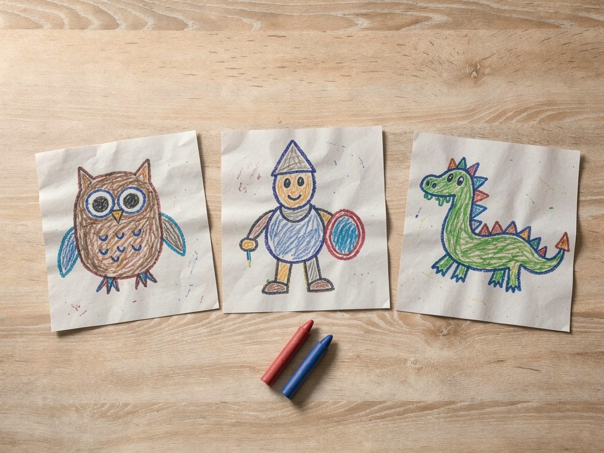 Drei Blätter Papier liegen nebeneinander auf hellem Holz, mit je einer großen Wachsmalfigur: eine Eule, ein Ritter und ein Drache