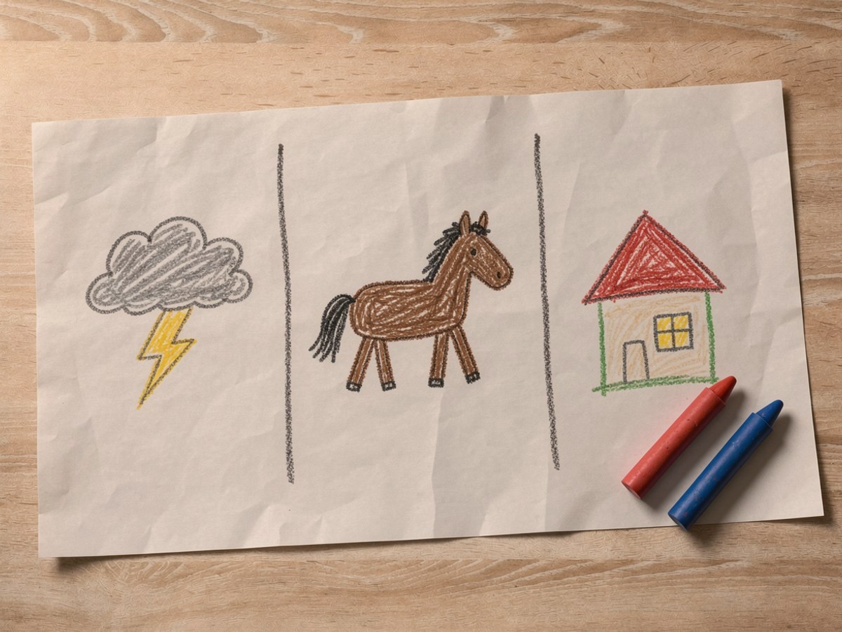 Von oben: ein Blatt Papier mit drei kleinen Wachsmalskizzen nebeneinander, eine graue Gewitterwolke mit gelbem Blitz, ein braunes Pferd und ein kleines Haus, daneben liegen zwei Wachsmalstifte