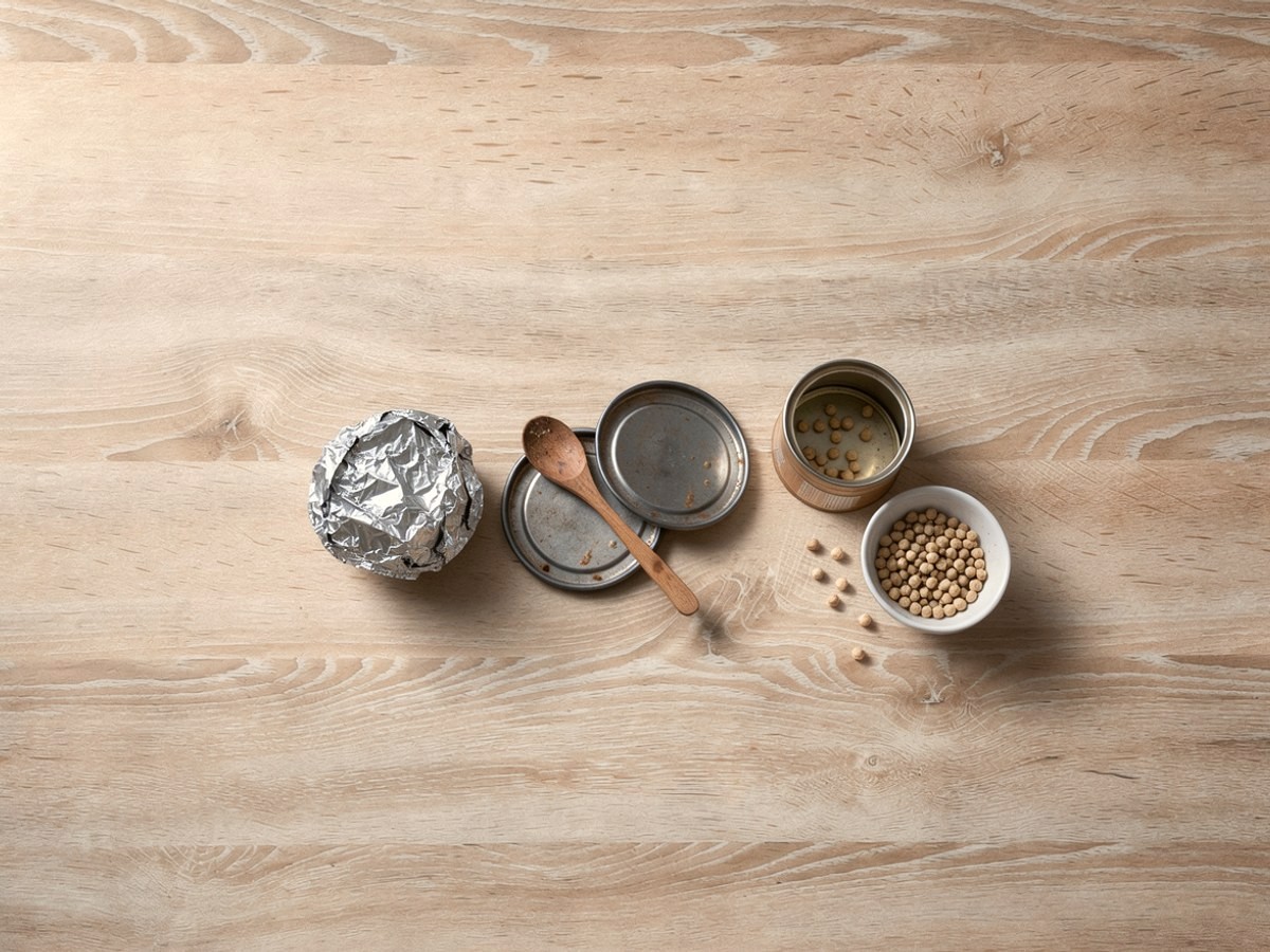 Die gesammelten Geräuschmacher stehen beisammen auf hellem Holz: eine Kugel aus zerknüllter Alufolie, zwei kleine dunkle Topfdeckel, ein Holzlöffel, eine schlichte Dose und ein Schälchen mit getrockneten Erbsen